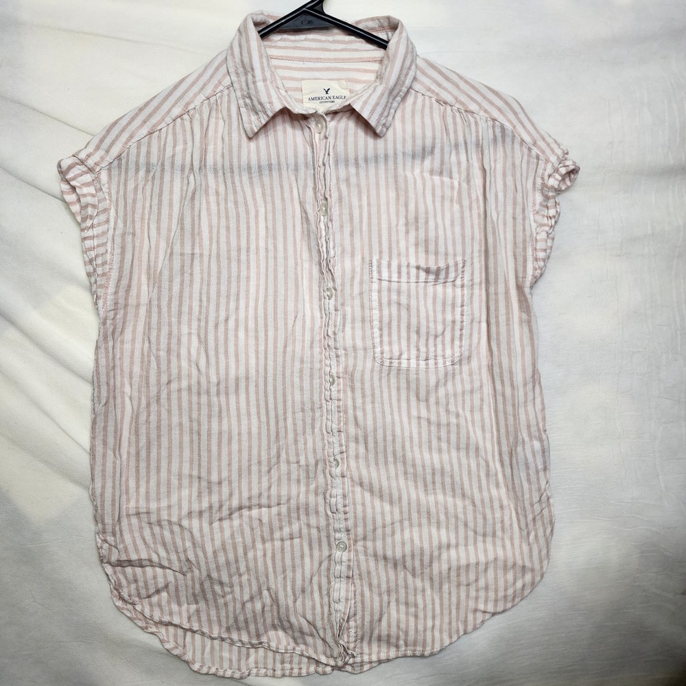 American Eagle Striped Button Down Shirt Womens XS Tan White Cap Sleeve Casual